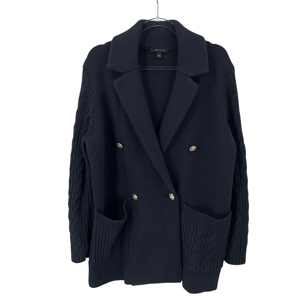 Ann Taylor Sweater Blazer Women L Navy Blue Double Breasted Cable Knit Preppy